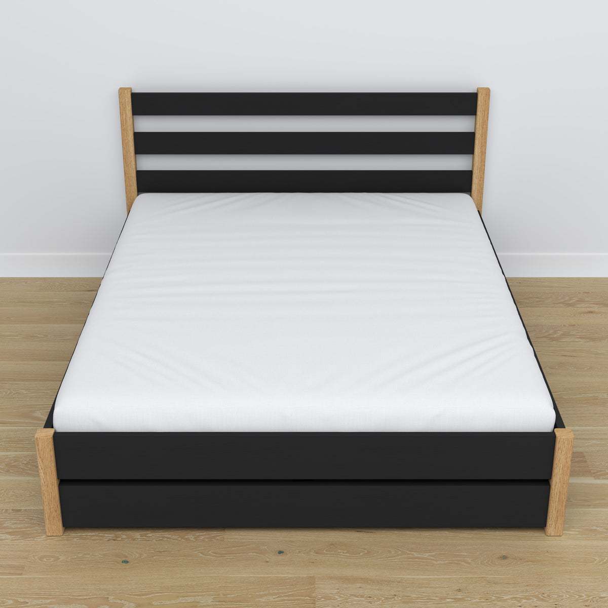 Double bed with wooden drawer black with oak – angled view, scandi bedroom