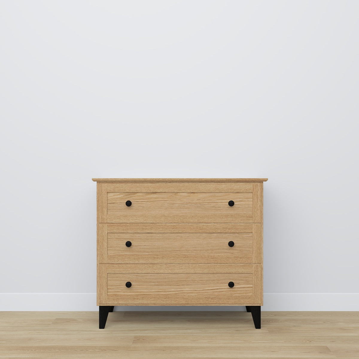Cassettiera 3S in rovere naturale con nero – cassetti aperto, capiente ambiente vani