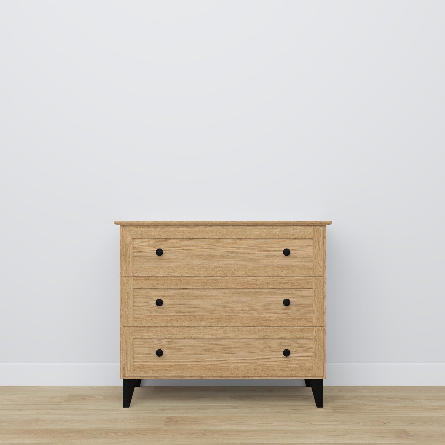 Cassettiera 3S in rovere naturale con nero – cassetti aperto, capiente ambiente vani