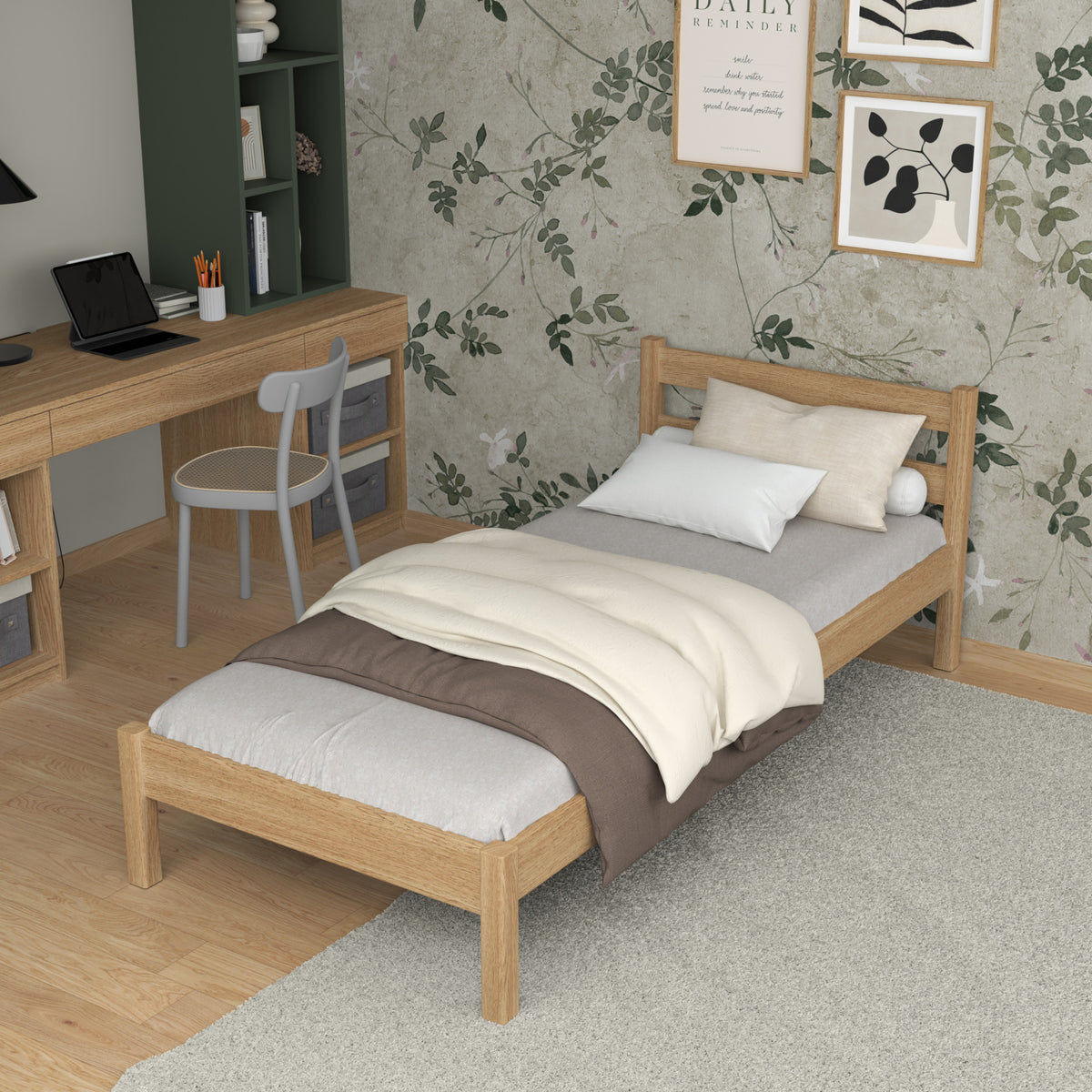 Letto singolo in rovere naturale – vista laterale, proporzioni del mobile