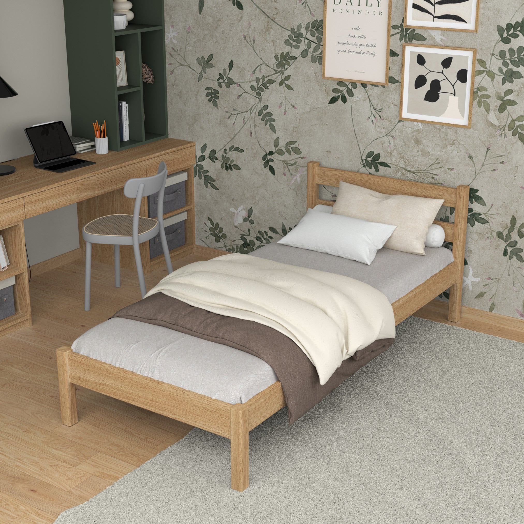 Letto singolo in rovere naturale – vista laterale, proporzioni del mobile