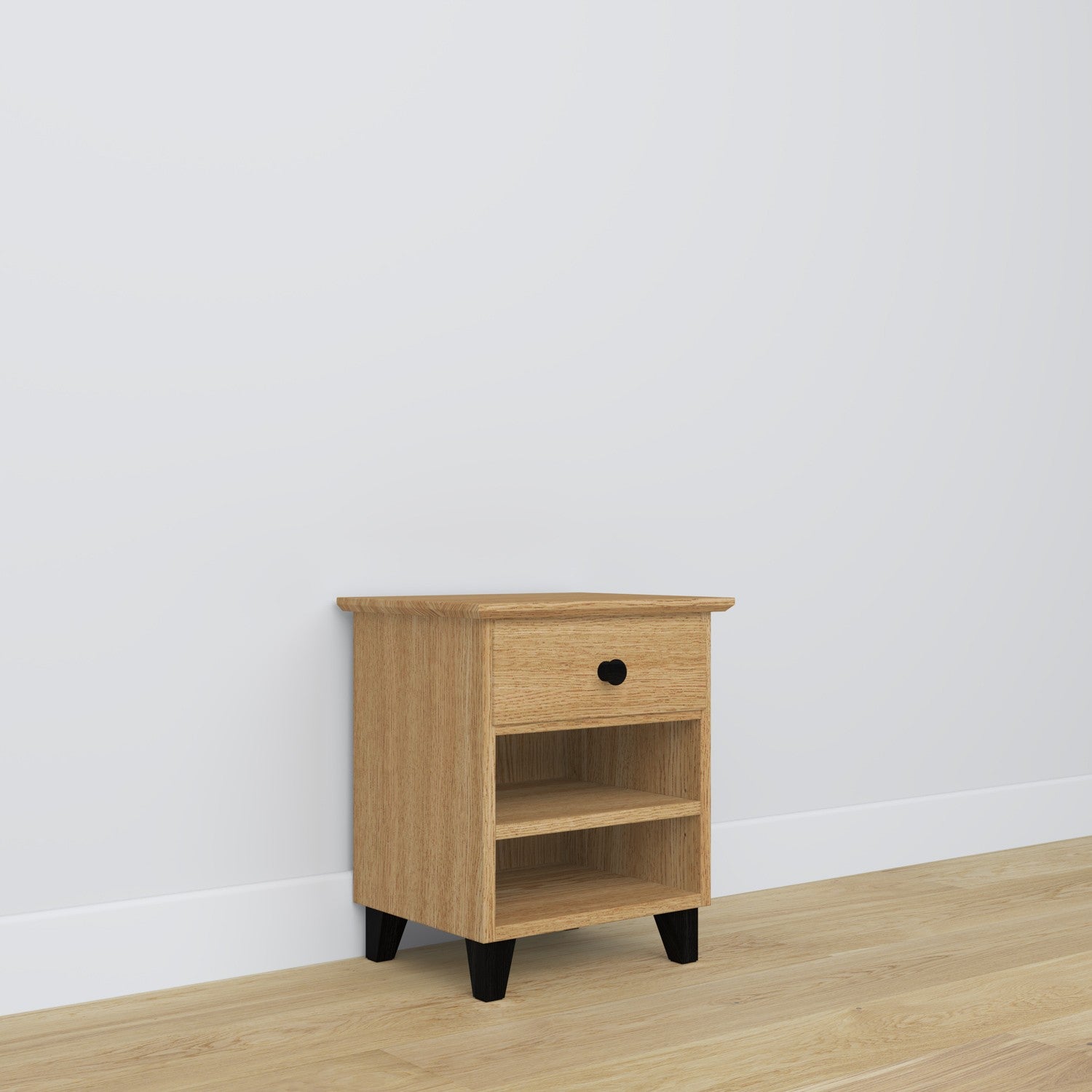 Comodino N02 in rovere naturale con nero – cassetto aperto, vano vicino al letto