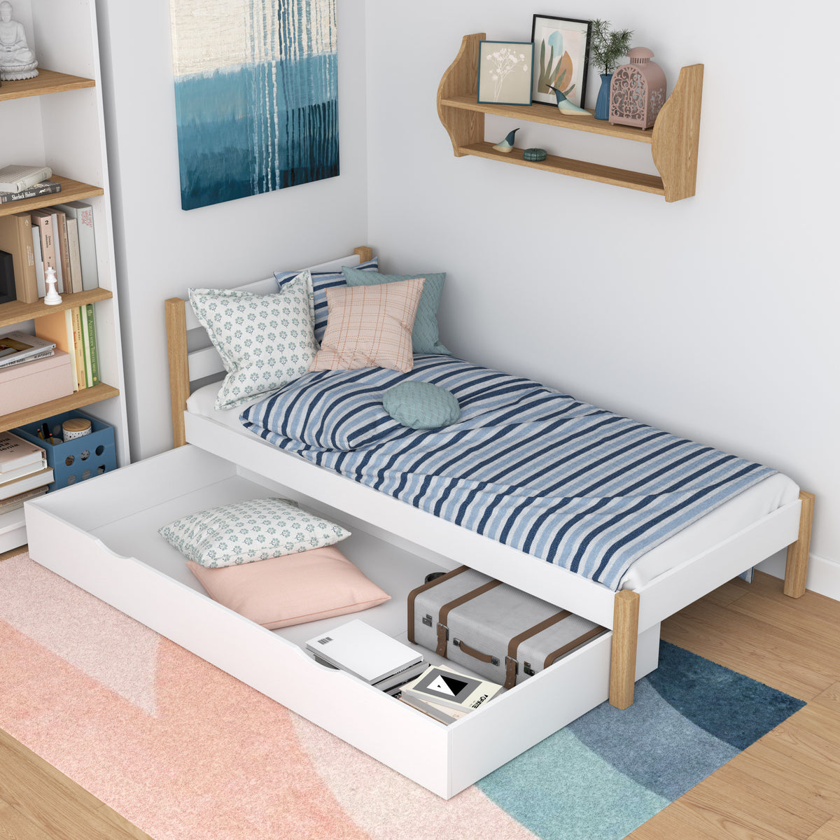 Letto bianco-quercia con cassetto – capiente vano, in legno, per bambini Nizio
