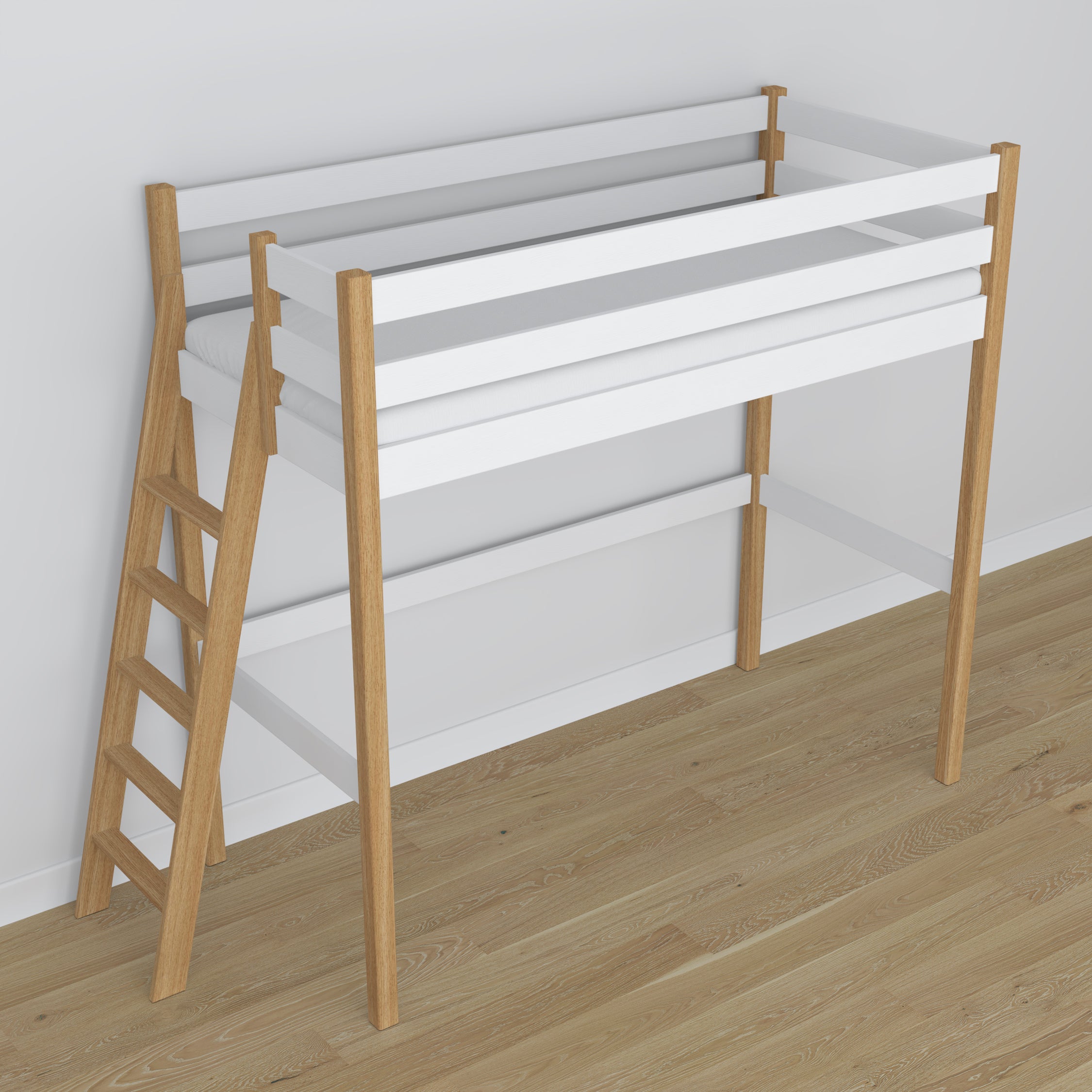 Letto a soppalco in legno bianco-quercia – dettaglio giunzioni e scala, Nizio Home