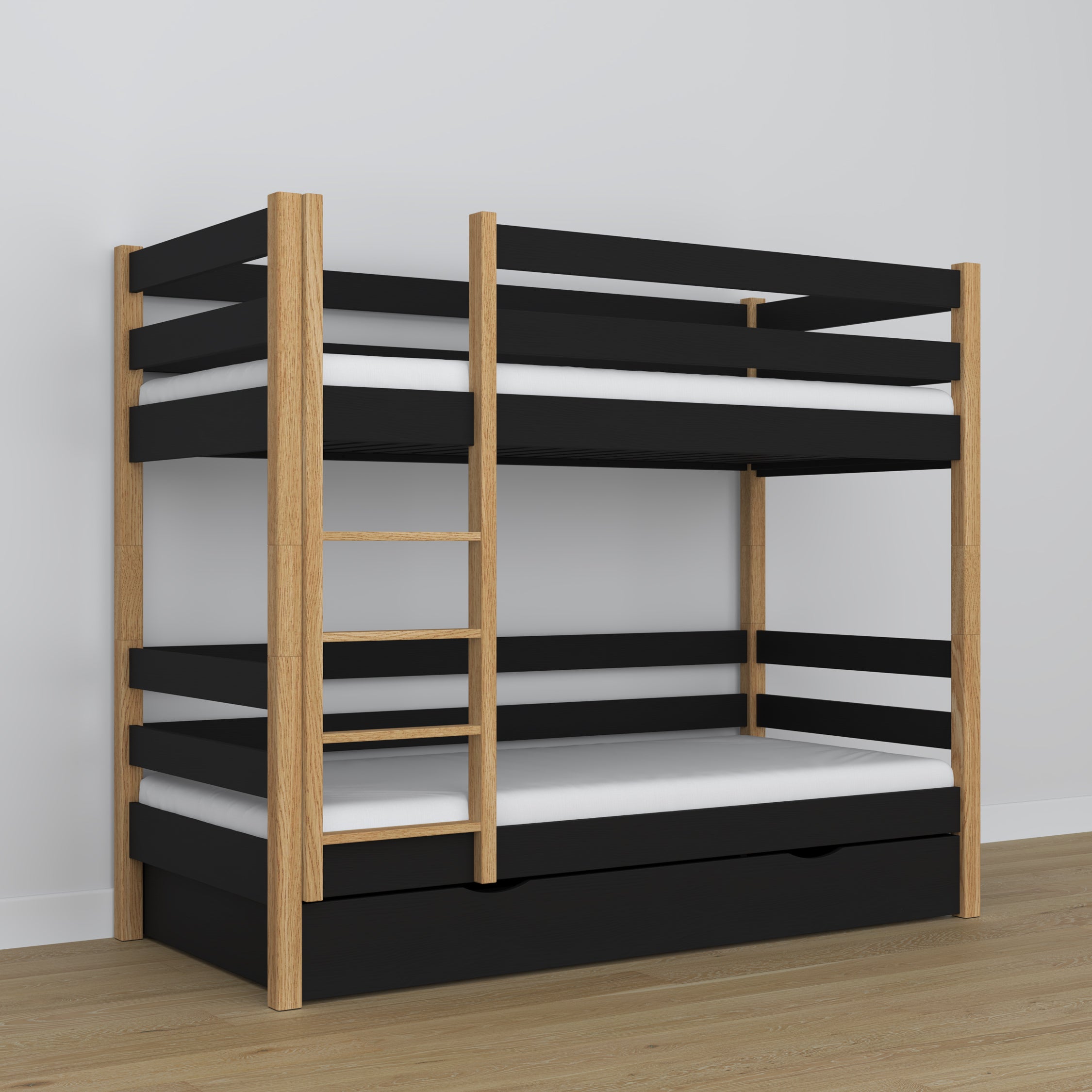 Black and Oak Wooden Bunk Bed – Ladder and Joint Details, Children’s Room