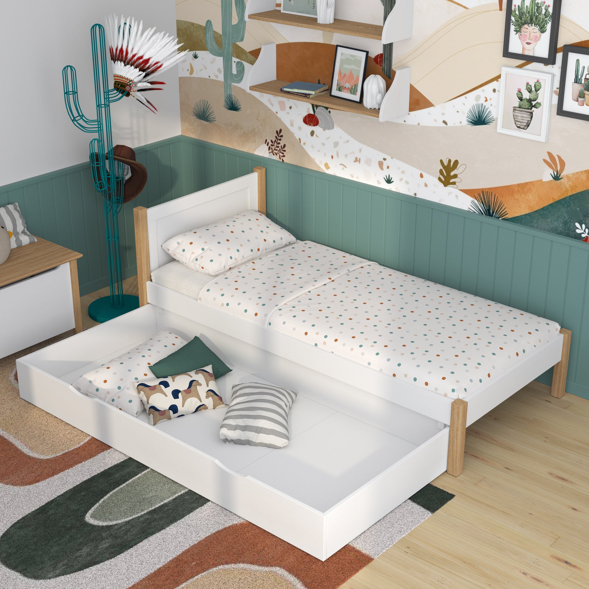 Lit blanc-chêne z tiroir – rangement spacieux, en bois, pour enfants Nizio