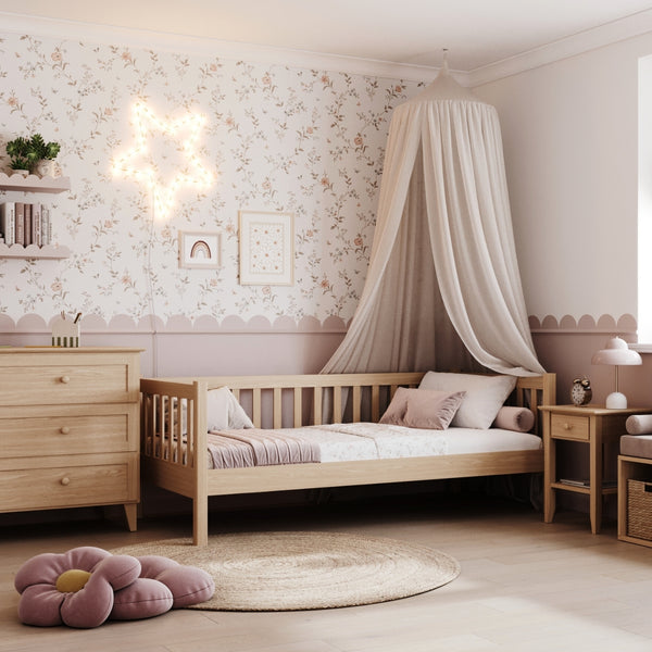 Dębowe łóżko sofa N03 dąb naturalny – widok ogólny, lite drewno dębowe