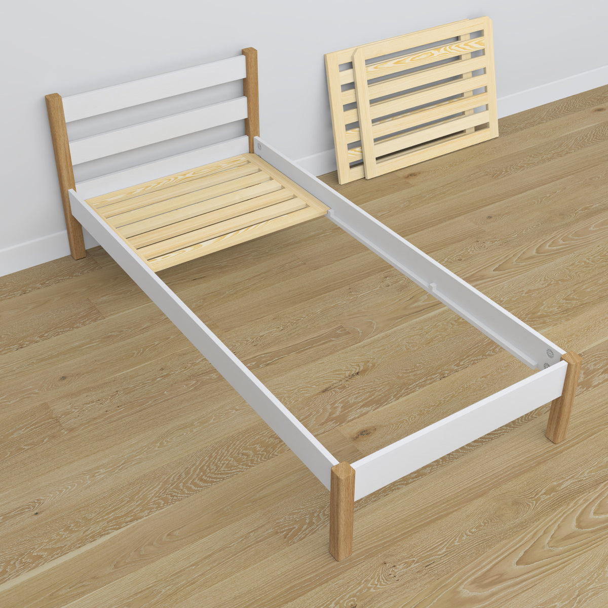 Letto con cassetto in legno bianco-quercia – testiera, dettaglio su qualità legno