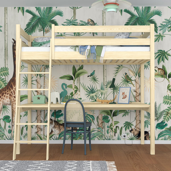 Clear Pine Wooden Loft Bed with Desk – Children’s Room, Scandi Nizio