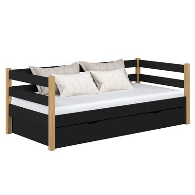 Drewniane łóżko sofa z szufladą N01 czarno dębowy – widok ogólny, lite drewno
