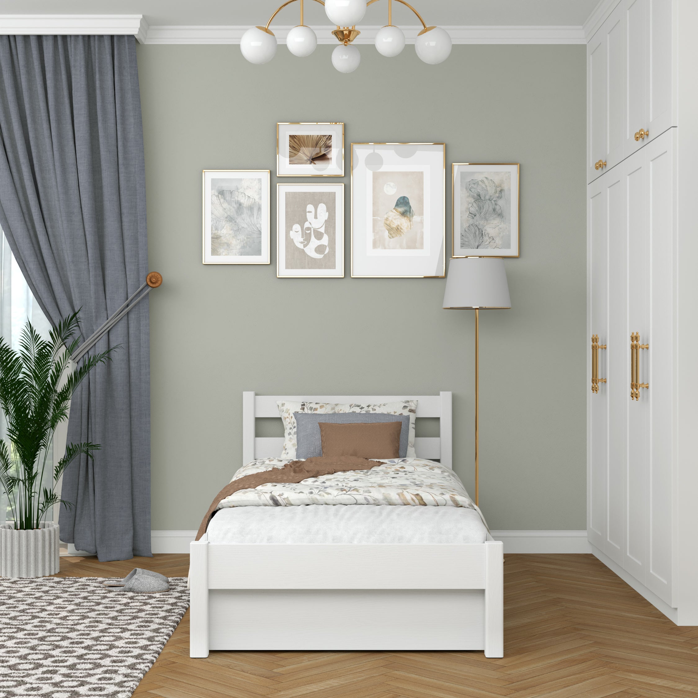 Letto bianco con cassetto – vista laterale, in legno, Nizio Home
