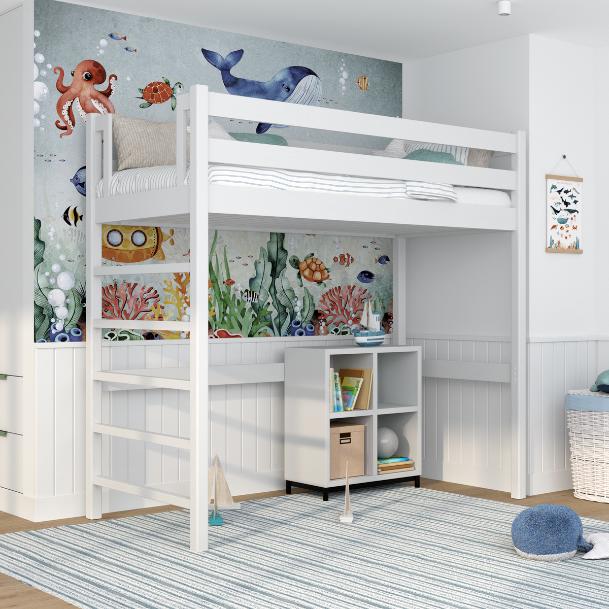 Loft bed N01 with desk – workspace under the platform, white