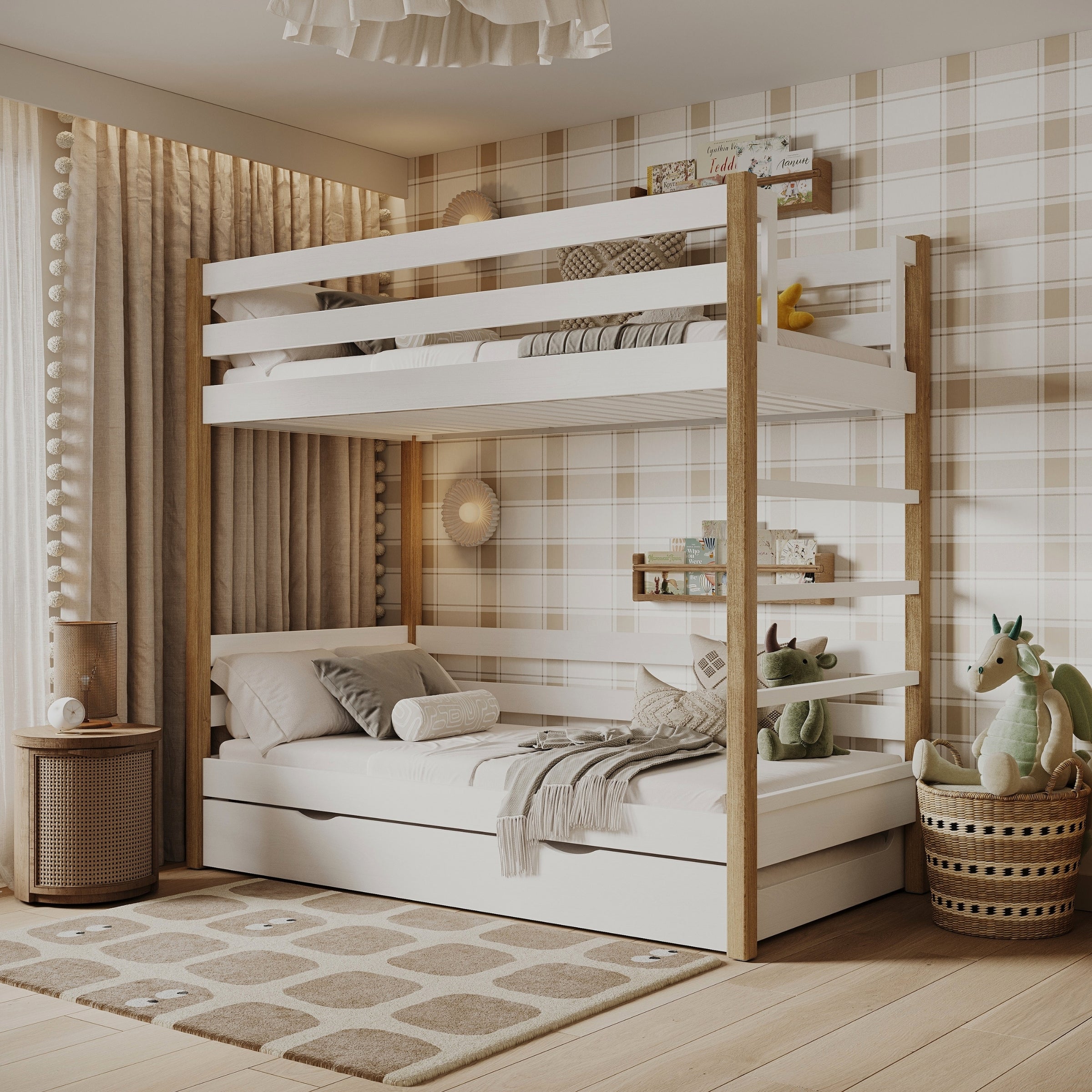 Letto a castello bianco-quercia con cassetto per materasso – sponda, in legno, Nizio Home