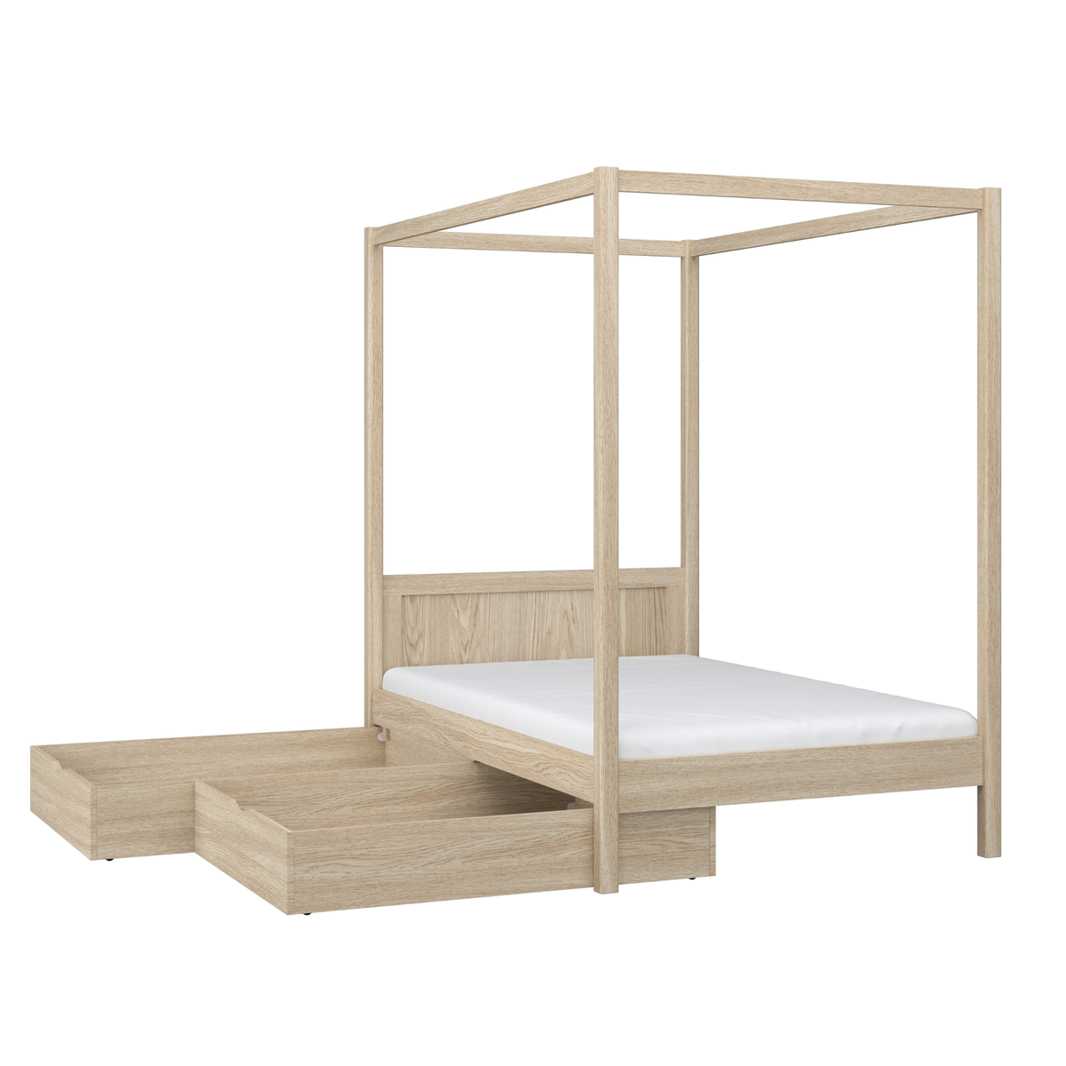 Bett eiche gebleicht mit Baldachin und Schublade – Seitenansicht, aus Eiche
