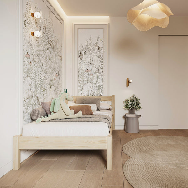 Łóżko pojedyncze N01 sosna bezbarwna – widok z boku, solidna konstrukcja drewniana