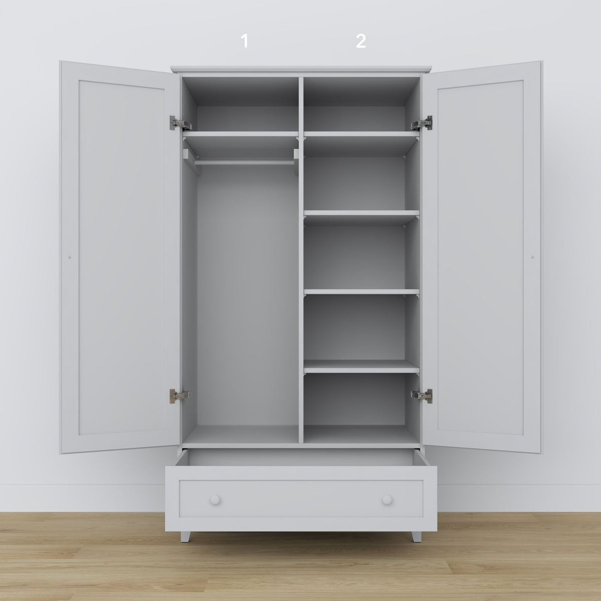 Armadio 2D1S in legno grigio – porte aperte, asta e ripiani interne