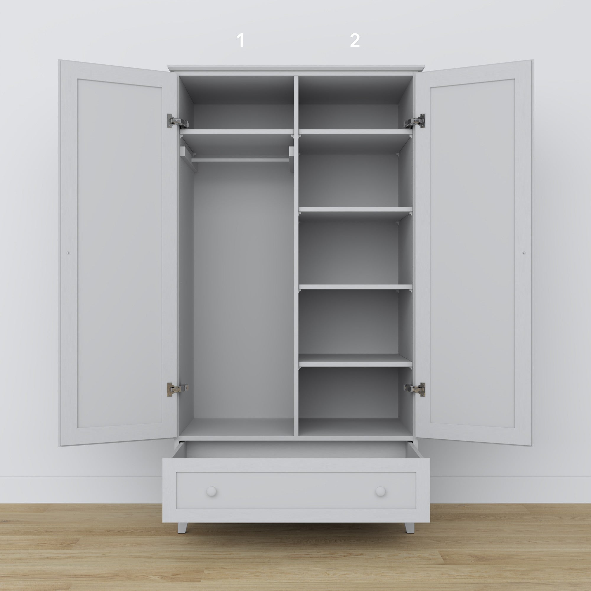 Armadio 2D1S in legno grigio – porte aperte, asta e ripiani interne