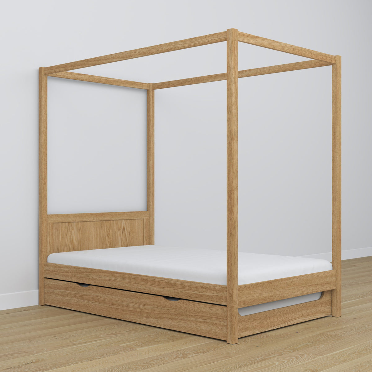 Letto quercia naturale con baldacchino – cassetto per materasso aggiuntivo, in quercia