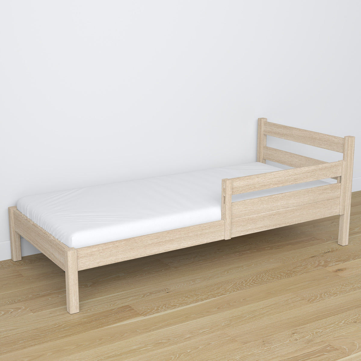 Fall protection rail bleached oak mounted on the bed – close-up