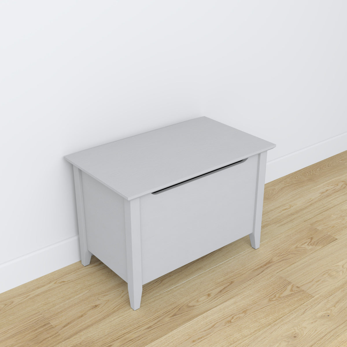Baule in legno grigio – coperchio aperto, capiente ambiente per del contenimento