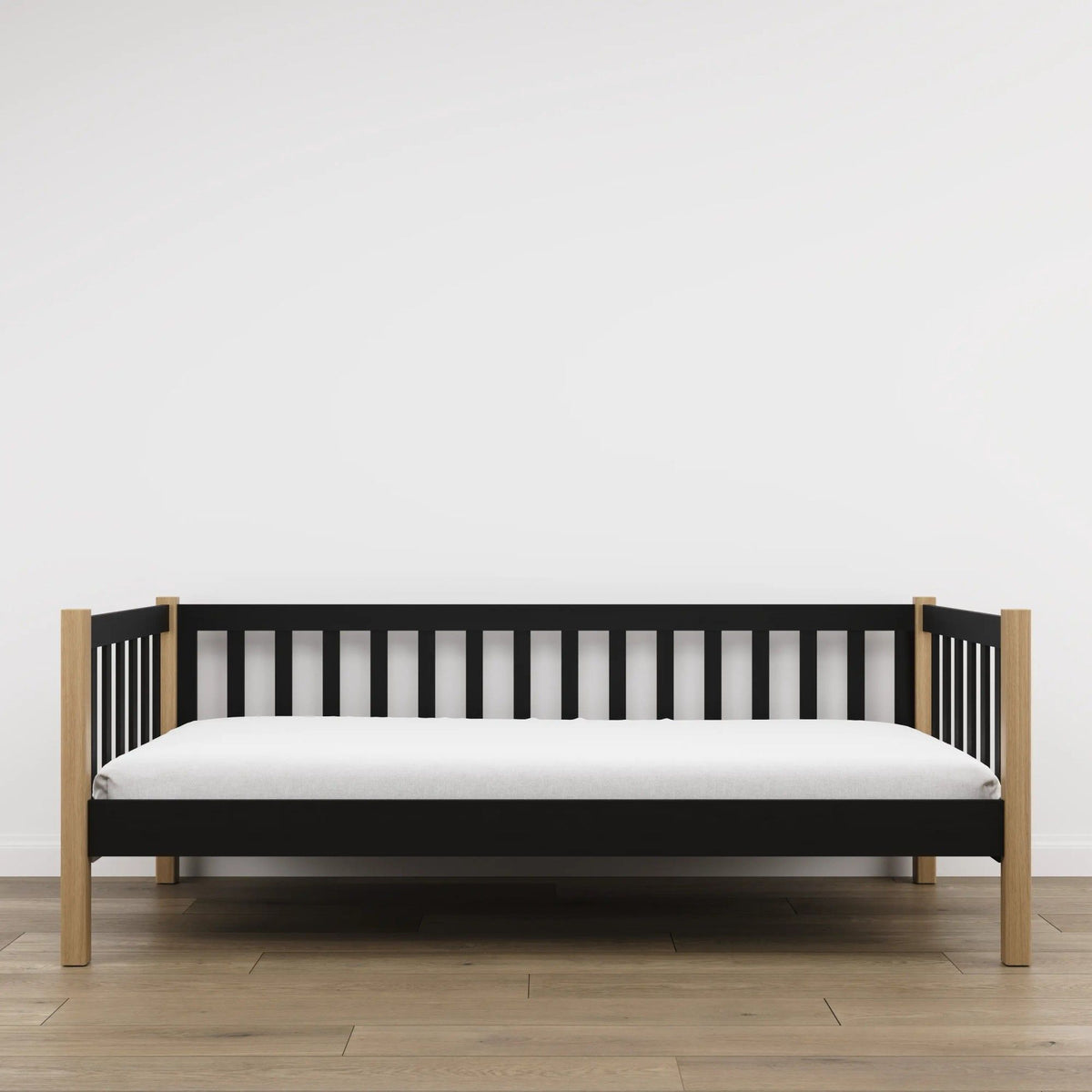 Sofa-lit en bois noir avec chêne – vue de la tête de lit, chambre d'enfant
