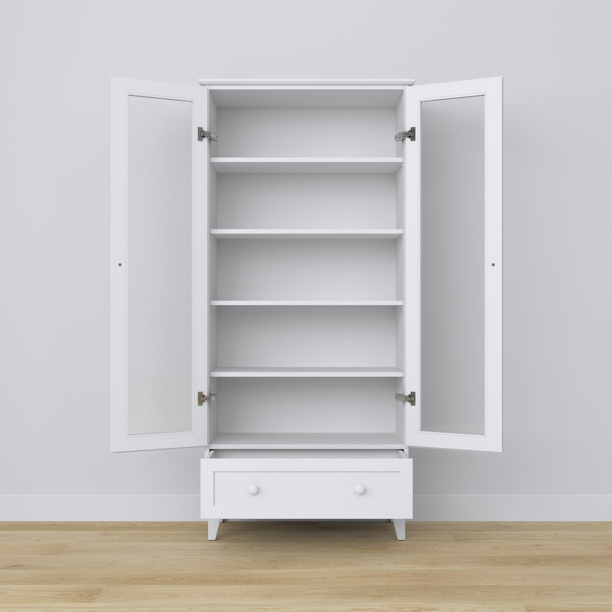 Vetrina 1S in legno bianco – porte aperte, ripiani e cassetto all'interno