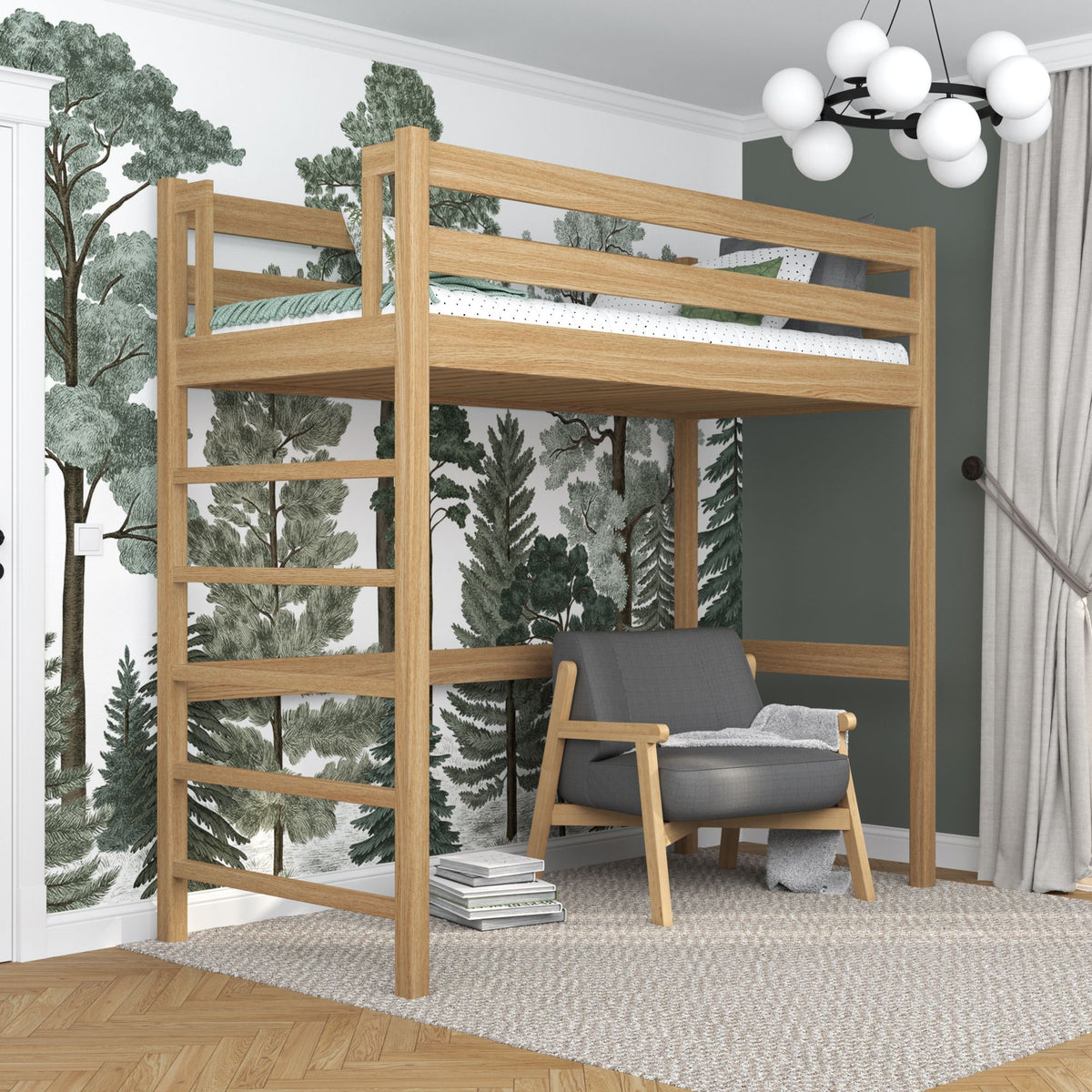 Natural Oak Loft Bed – Free Space Under the Sleeping Area, Nizio