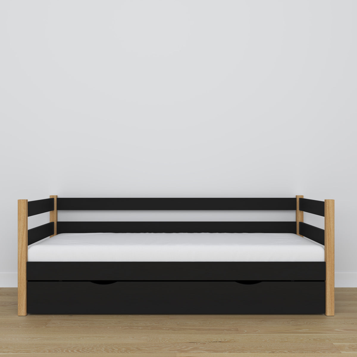 Black-oak sofa bed with drawer made of wood – dimensions and diagram, Nizio