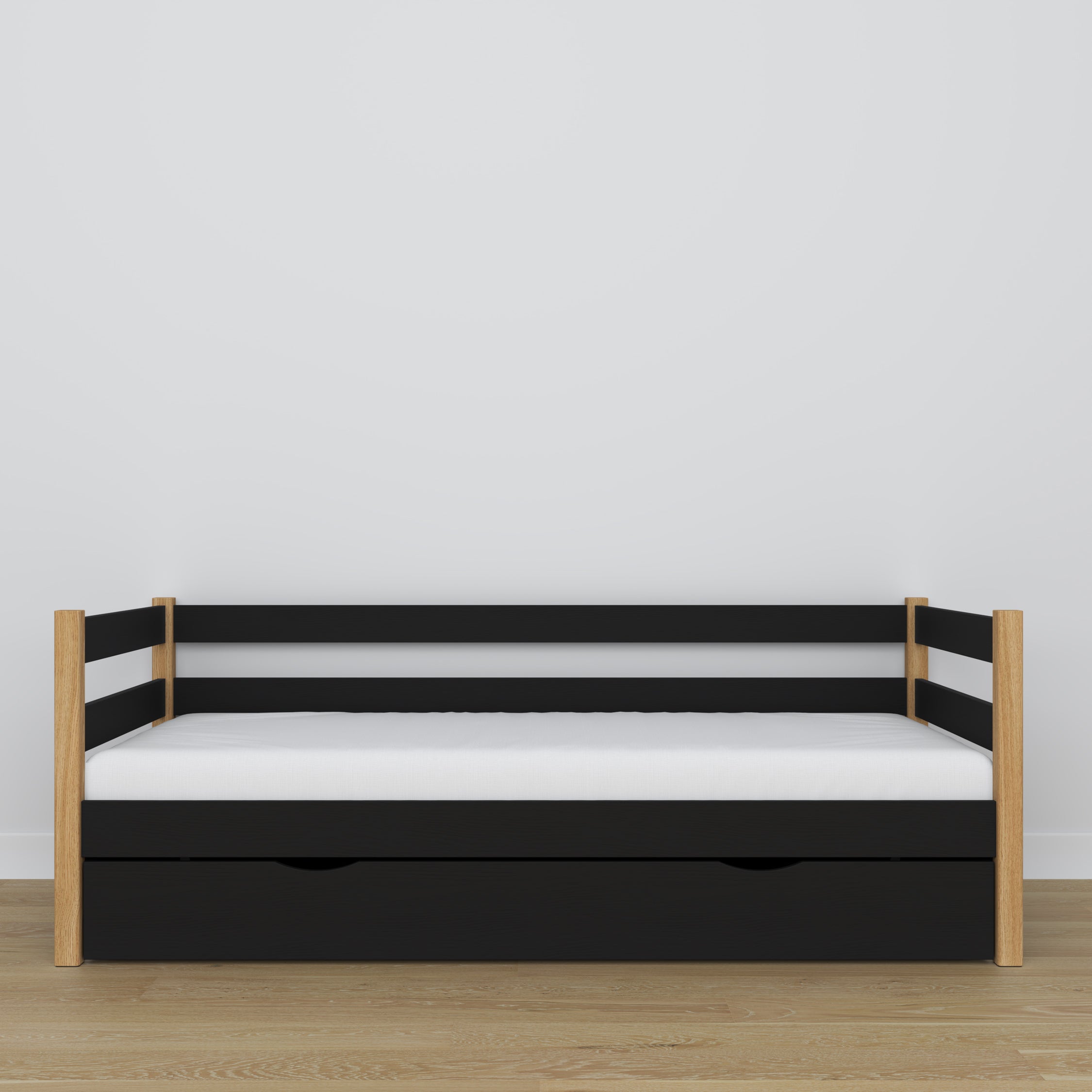 Black-oak sofa bed with drawer made of wood – dimensions and diagram, Nizio