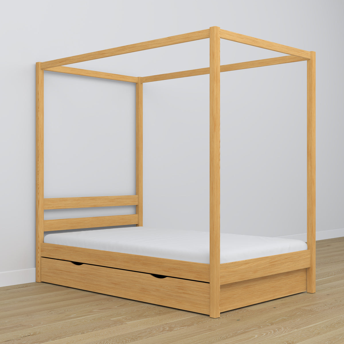 Wooden natural pine canopy bed – decorative frame, child’s room