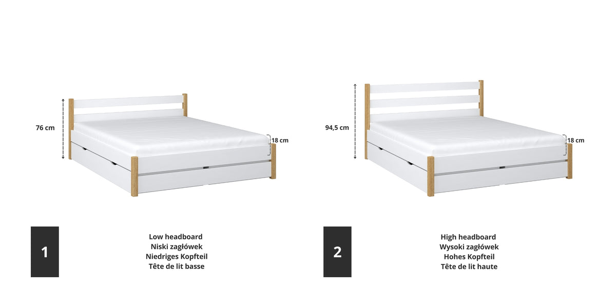 Doppelbett Holz Weiß mit Eiche – Verbindungs- und Schubladendetails, Nizio