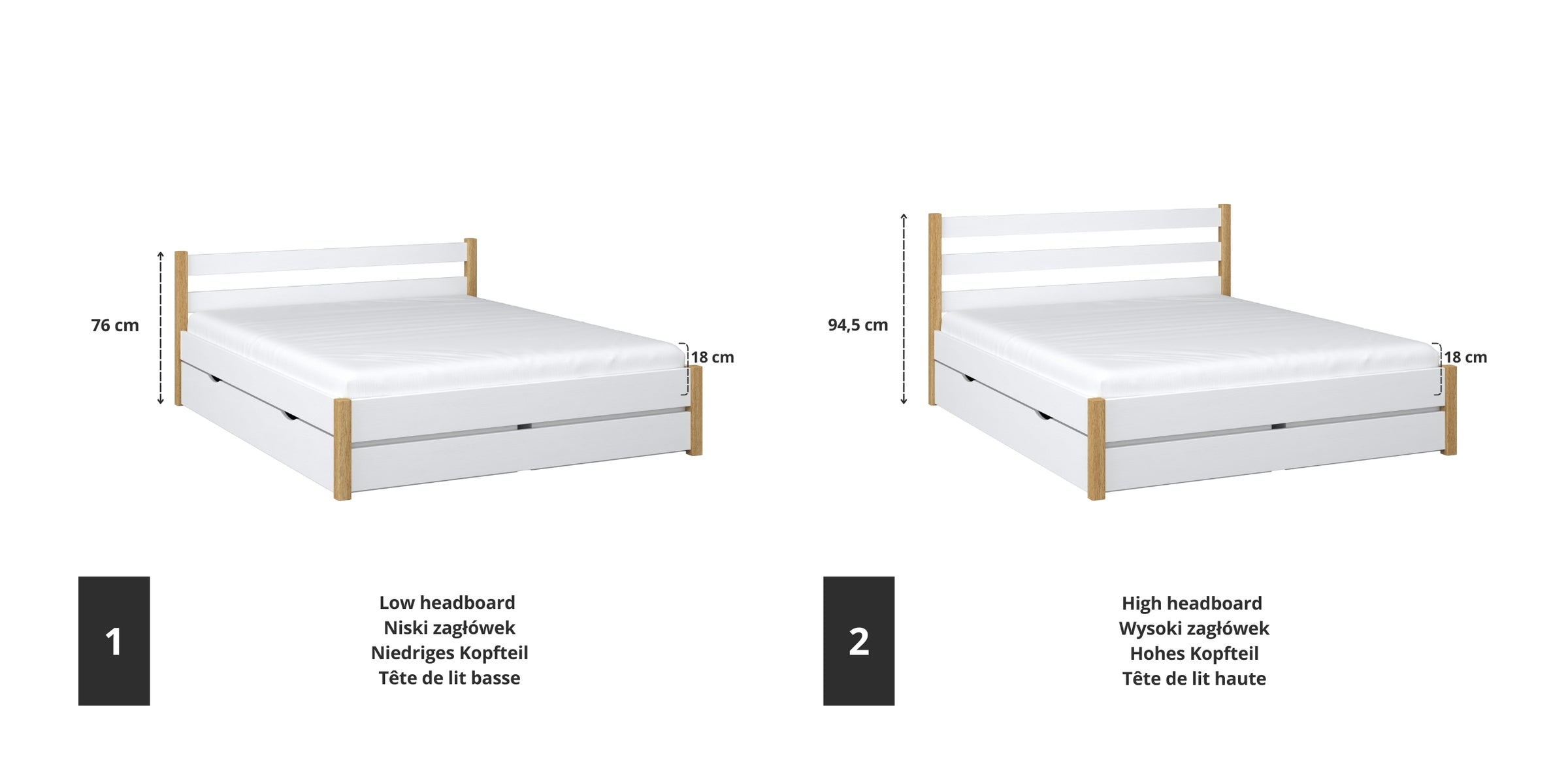 Doppelbett Holz Weiß mit Eiche – Verbindungs- und Schubladendetails, Nizio