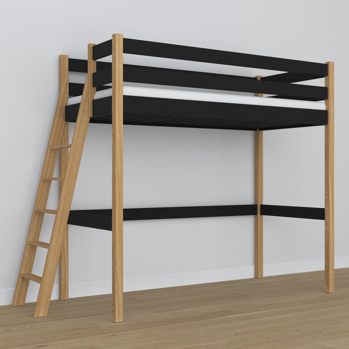 Letto a soppalco nero-quercia in legno – dimensioni e schema, Nizio