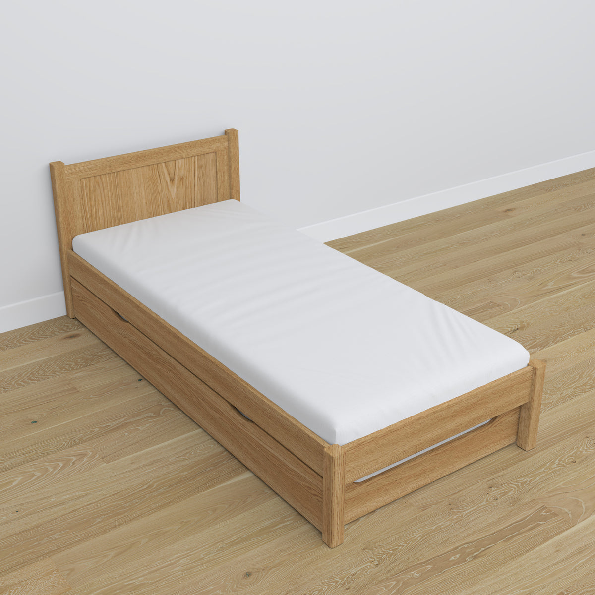 Bed with mattress drawer natural oak made of oak – dimensions, Nizio