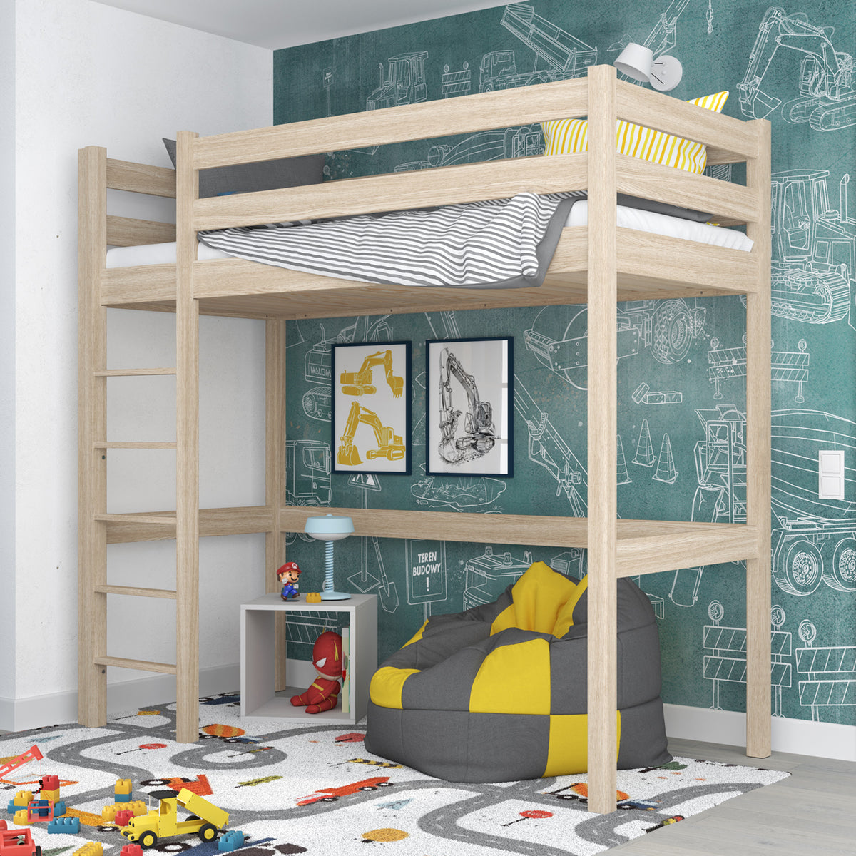Bleached Oak Loft Bed – Free Space Under the Sleeping Area, Nizio