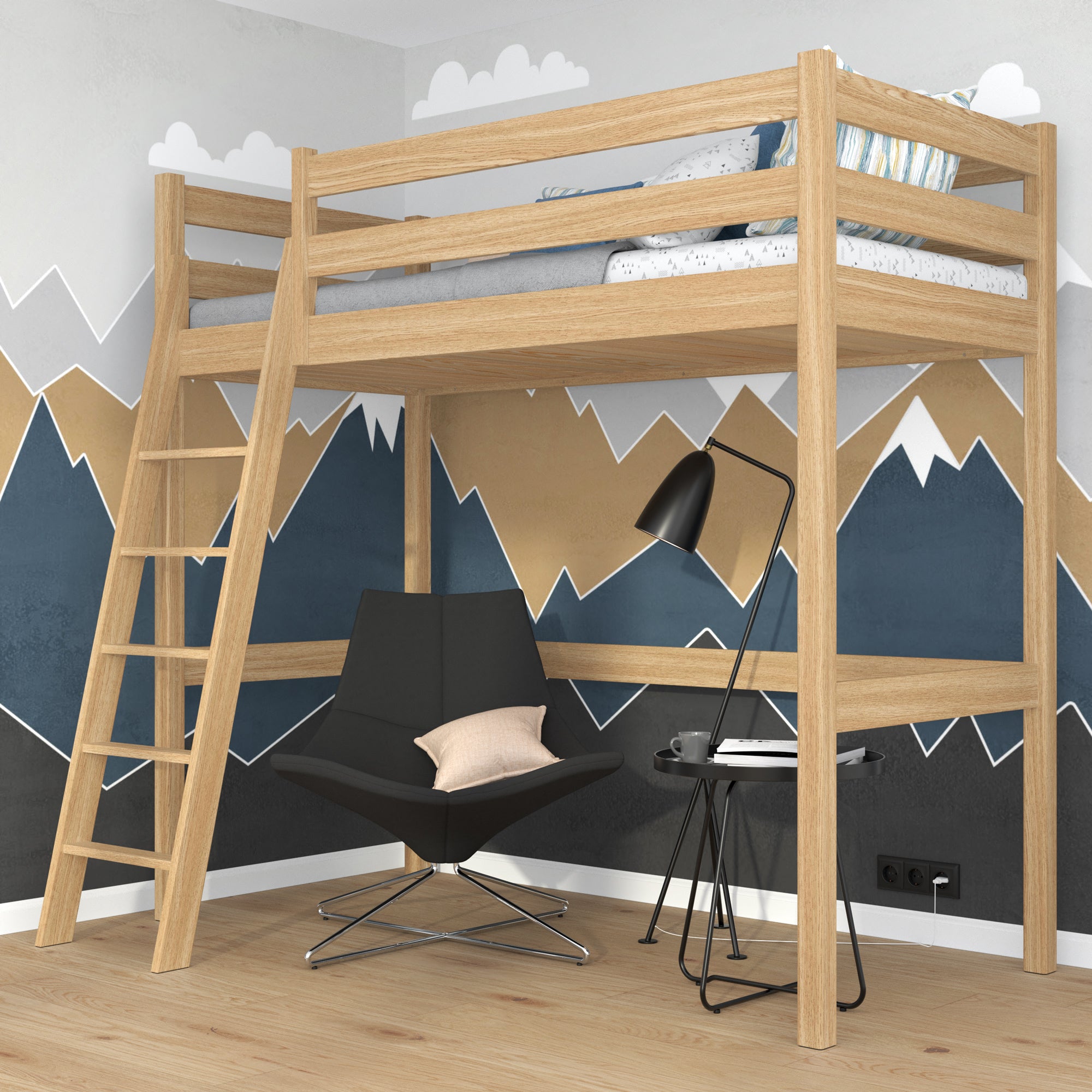 Natural Oak Loft Bed – Free Space Under the Sleeping Area, Nizio