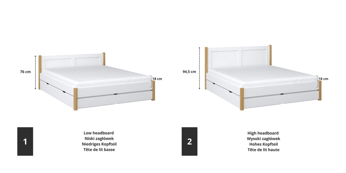 Doppelbett Holz Weiß mit Eiche – Verbindungs- und Schubladendetails, Nizio