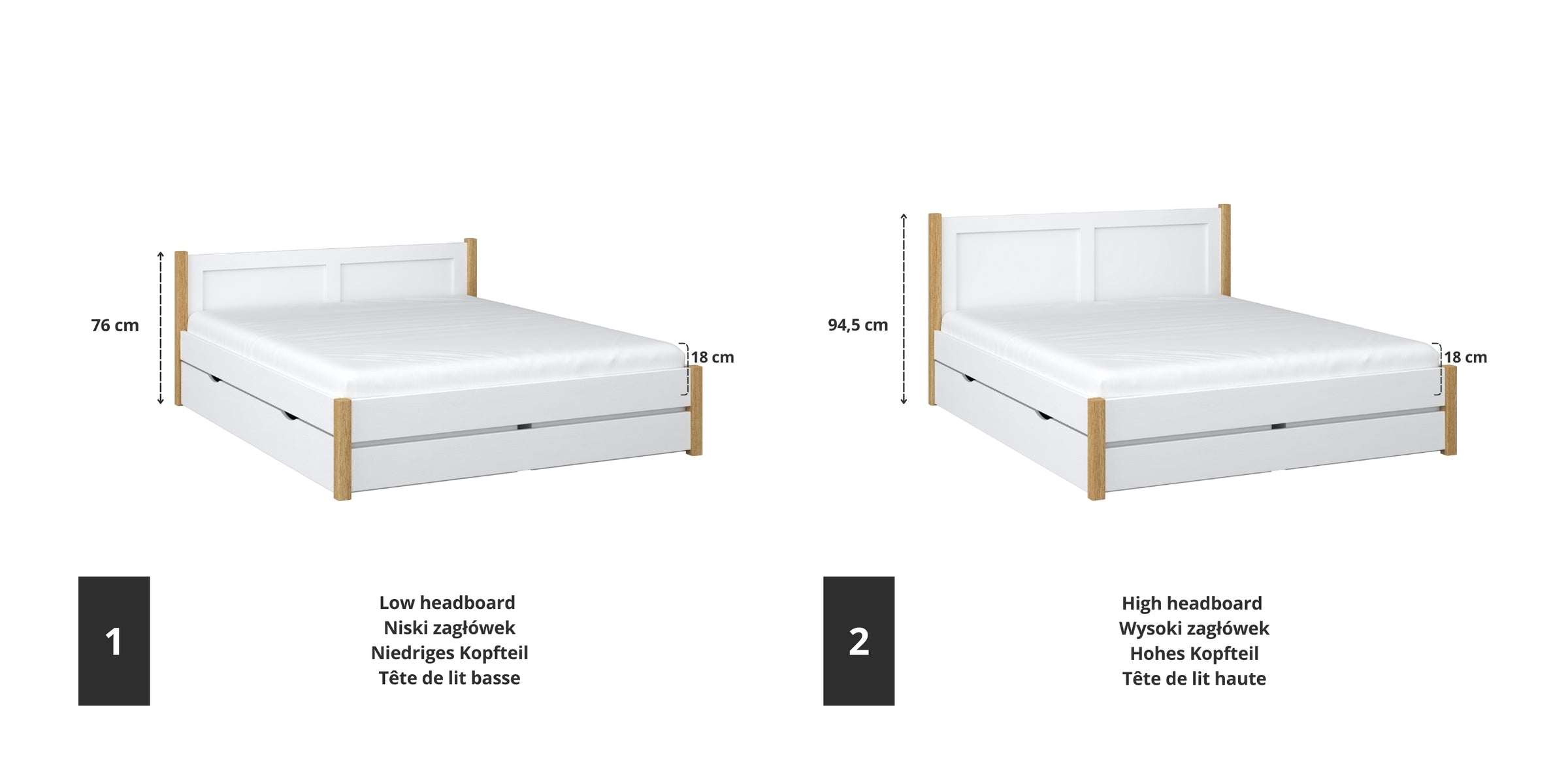 Doppelbett Holz Weiß mit Eiche – Verbindungs- und Schubladendetails, Nizio