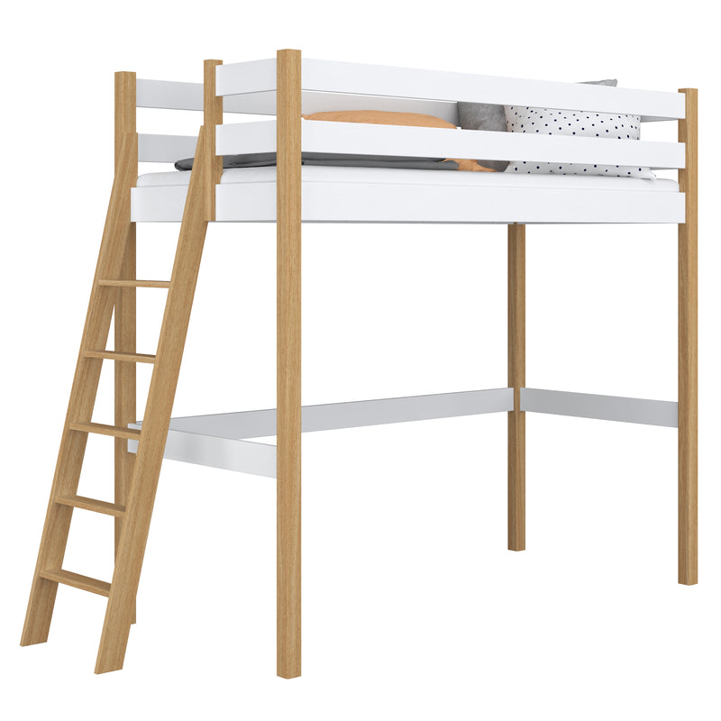 Letto a soppalco in legno bianco-quercia – stanza per bambini, legno massello, stile scandi