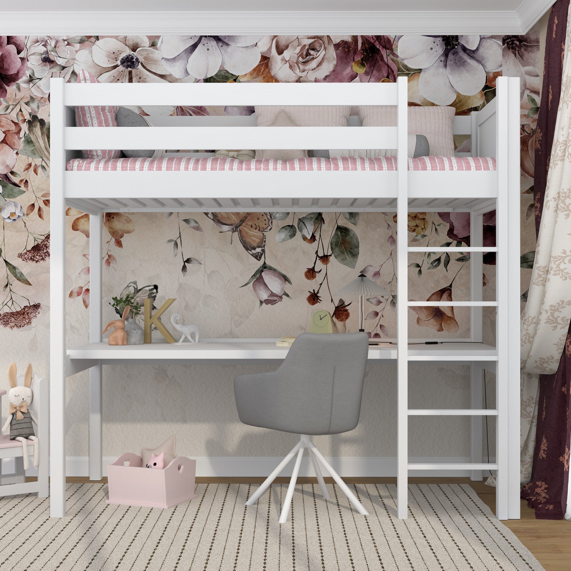 Letto a soppalco bianco con scrivania – spazio studio sotto il letto, in legno