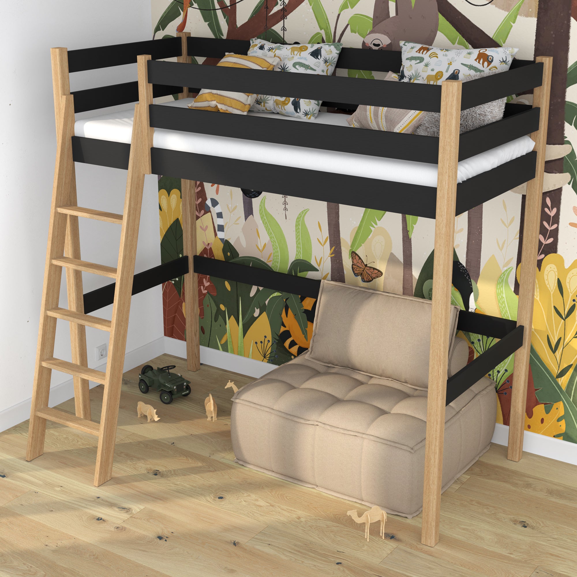 Hochbett schwarz-eiche im Kinderzimmer – Scandi-Einrichtung, aus Holz