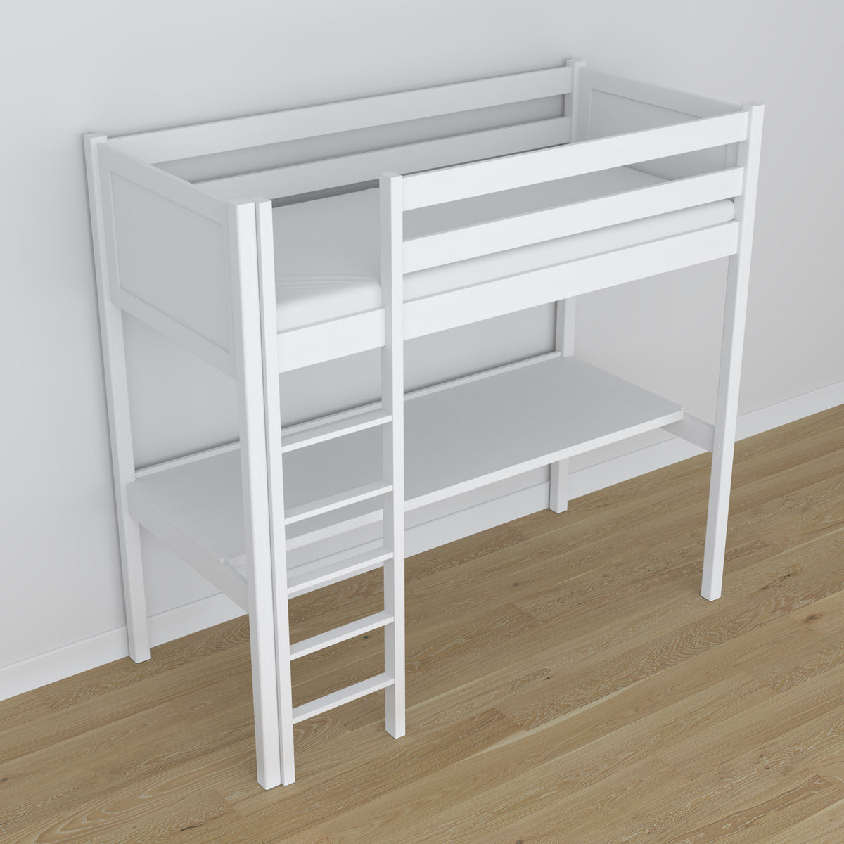 Letto a soppalco in legno bianco con scrivania – struttura e doghe, Nizio