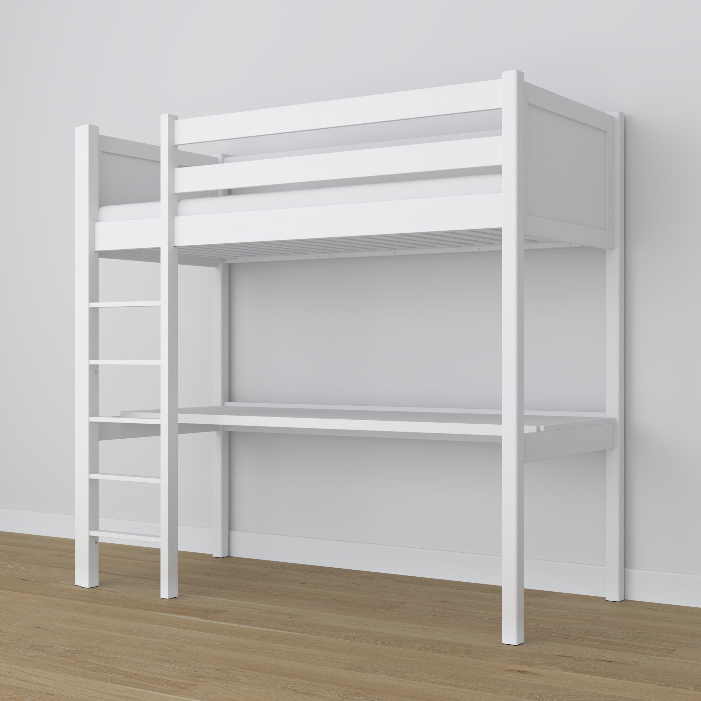 Letto a soppalco bianco in legno – vista dall'alto su camera da letto, Nizio