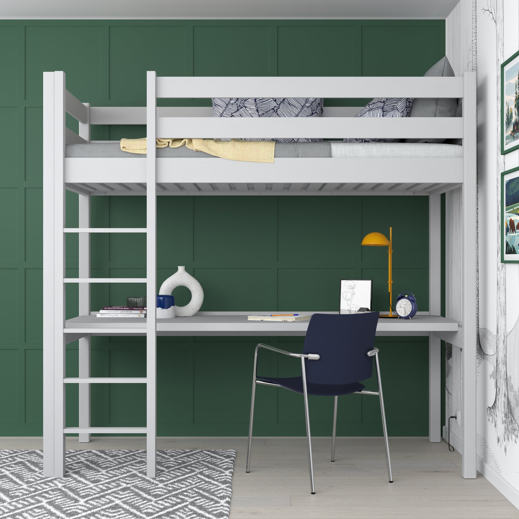 Letto a soppalco grigio con scrivania – spazio studio sotto il letto, in legno