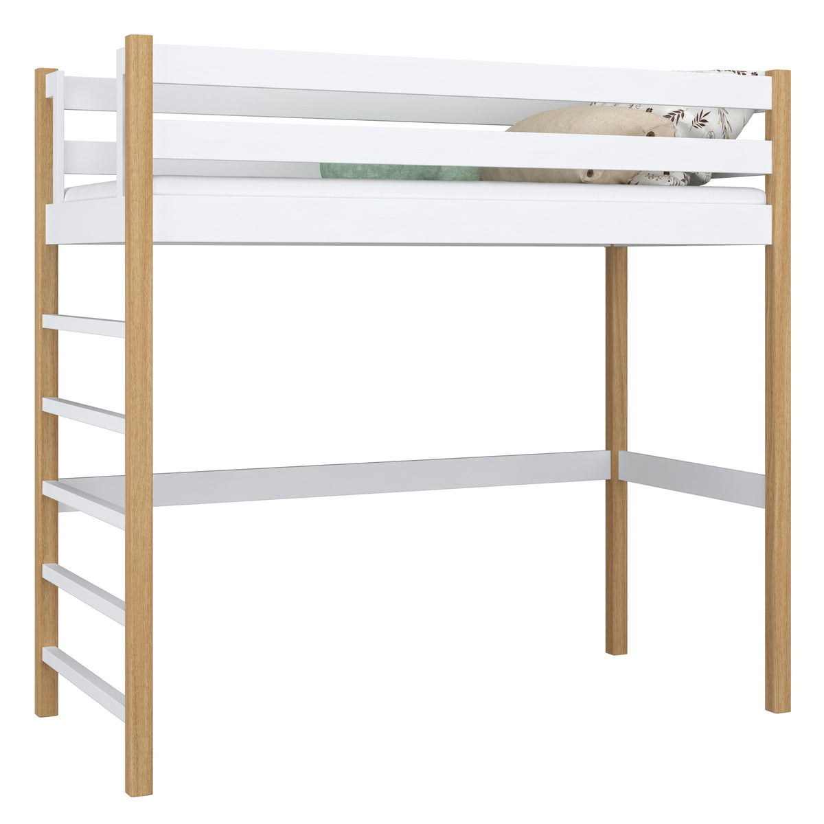 Hochbett weiß-Eiche – Leiter und Geländer aus Holz, Nizio Home