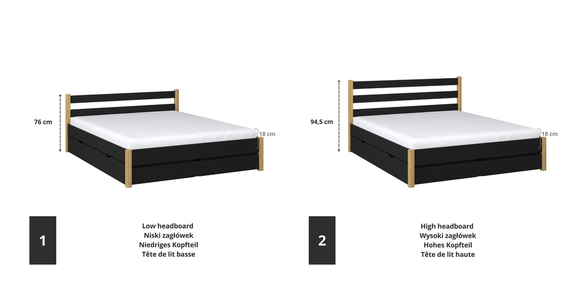 Wooden double bed black with oak – joint and drawer details, Nizio