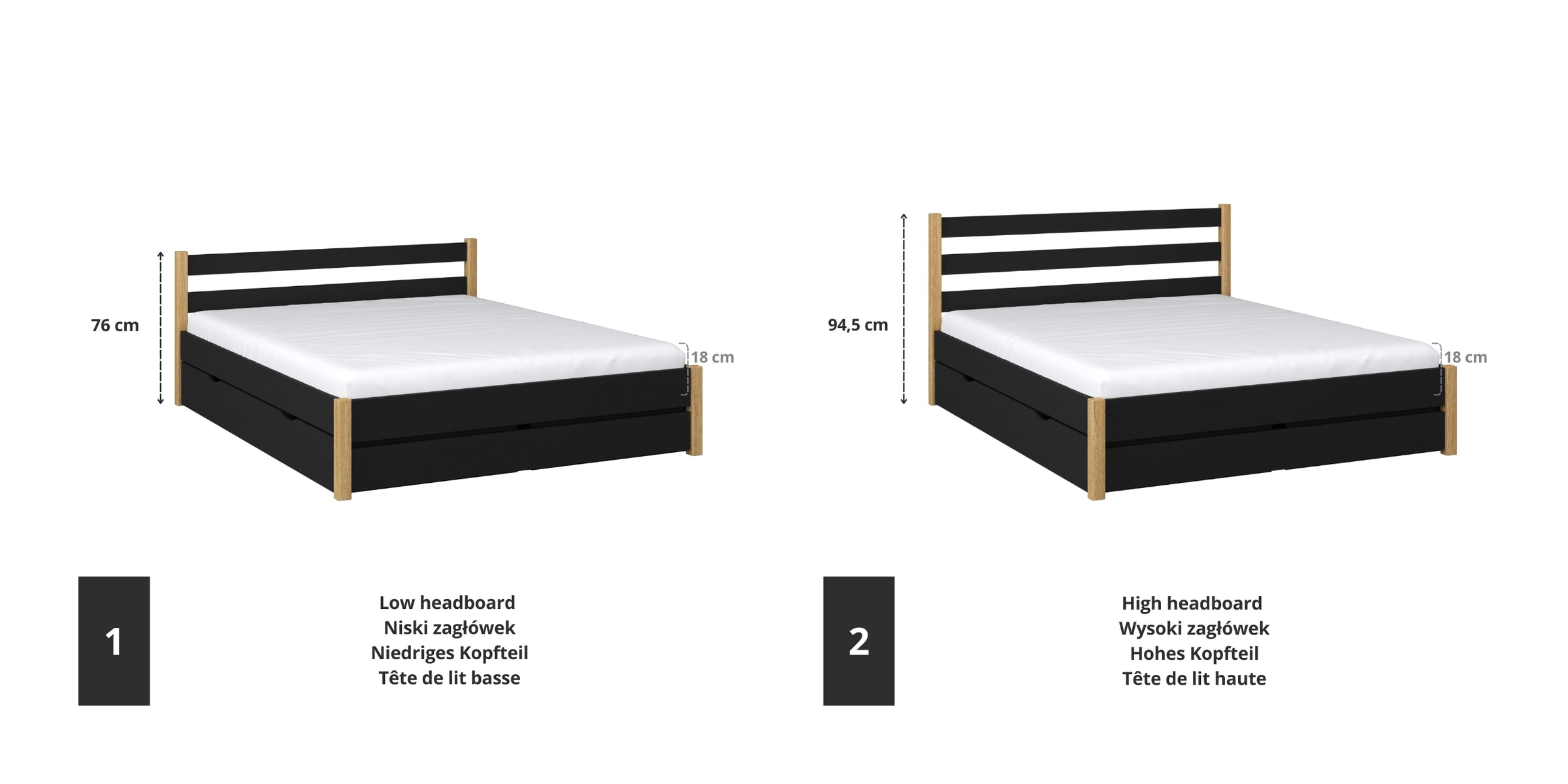 Wooden double bed black with oak – joint and drawer details, Nizio