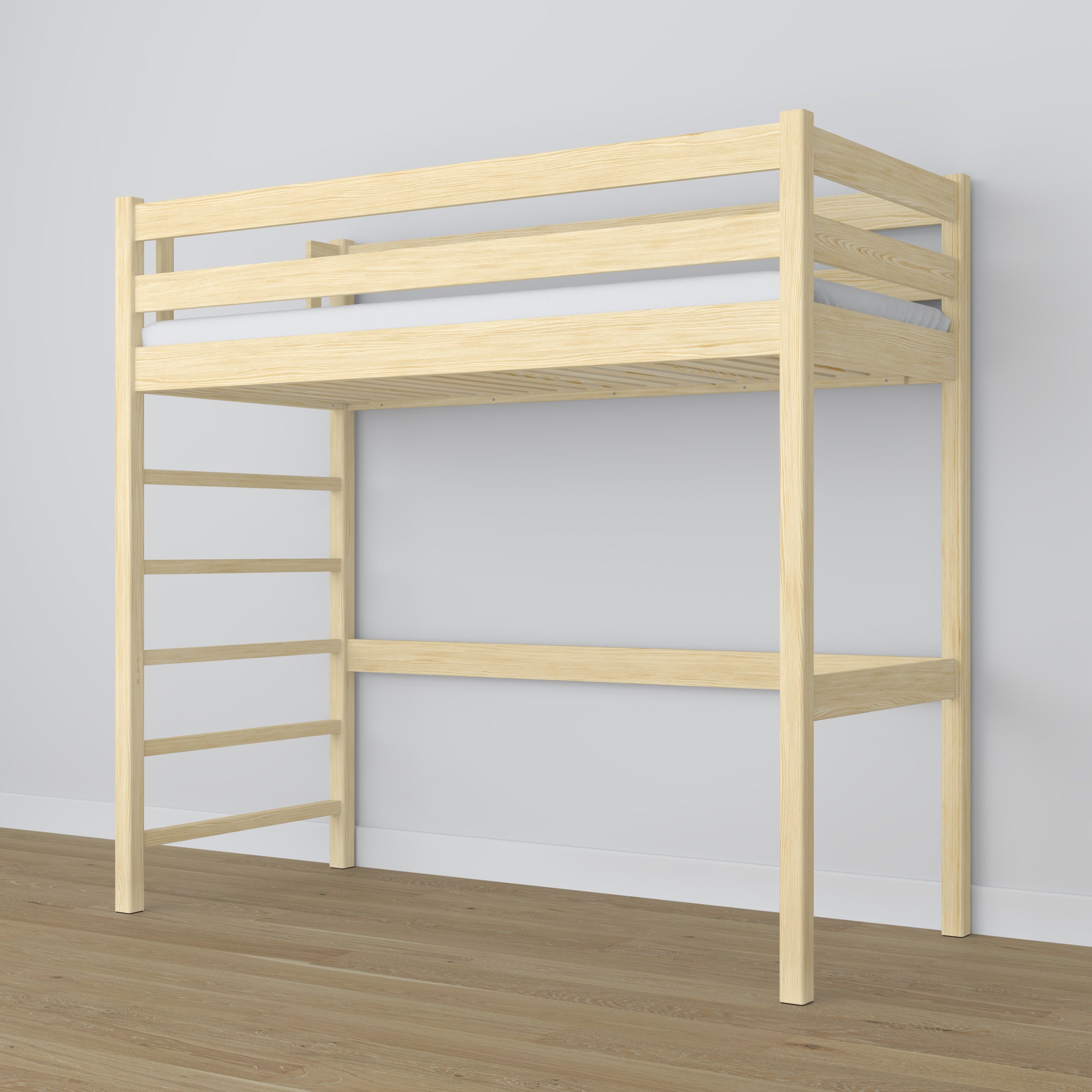 Łóżko na antresoli N01 sosna bezbarwna – widok przestrzeni pod podestem