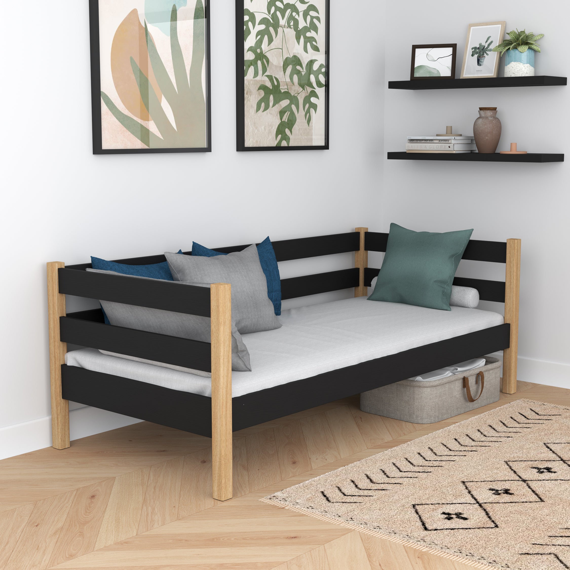 Sofa bed black-oak – wooden side barrier, safety for children