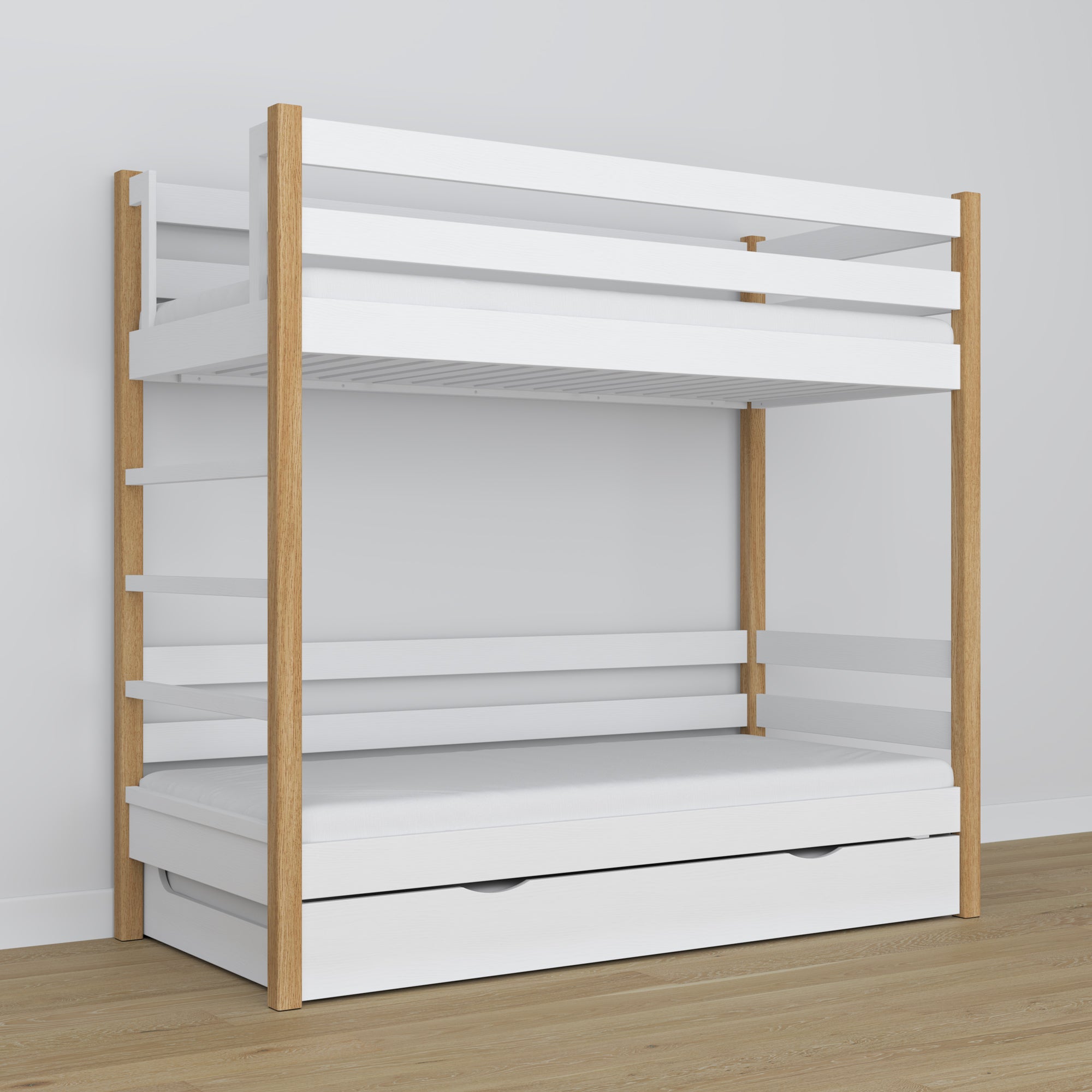 Letto a castello in legno bianco-quercia con cassetto per materasso – allestimento nella stanza